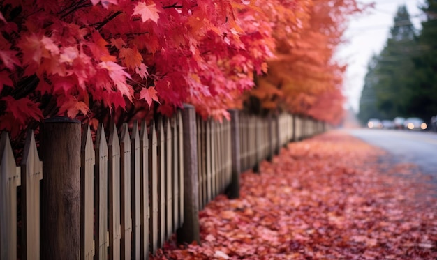 Lange houten omheining met bomen kleurrijke bladeren Mooie herfst Generatieve AI