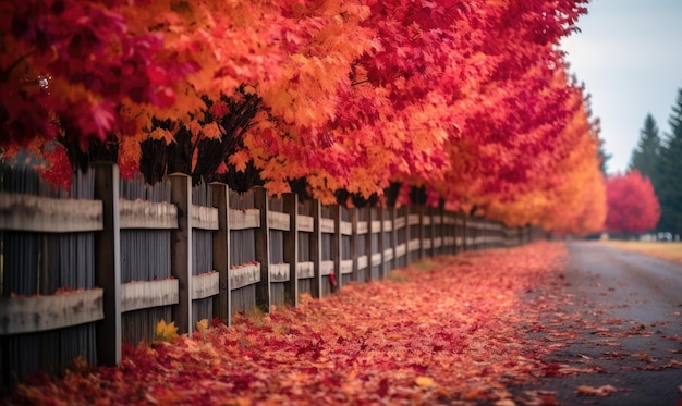 Lange houten omheining met bomen kleurrijke bladeren Mooie herfst Generatieve AI