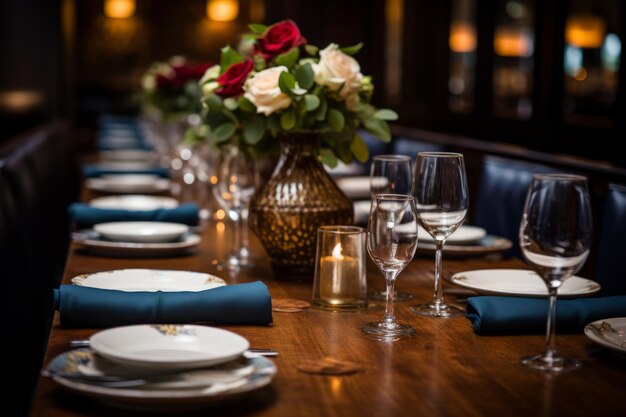 Lange houten tafel met fijn porselein en bloemen