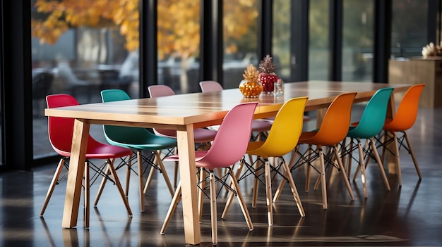 lange houten tafel met kleurrijke stoelen