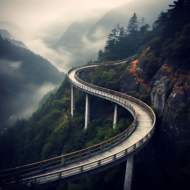 Foto lange kronkelende brug op een bergachtige snelweg