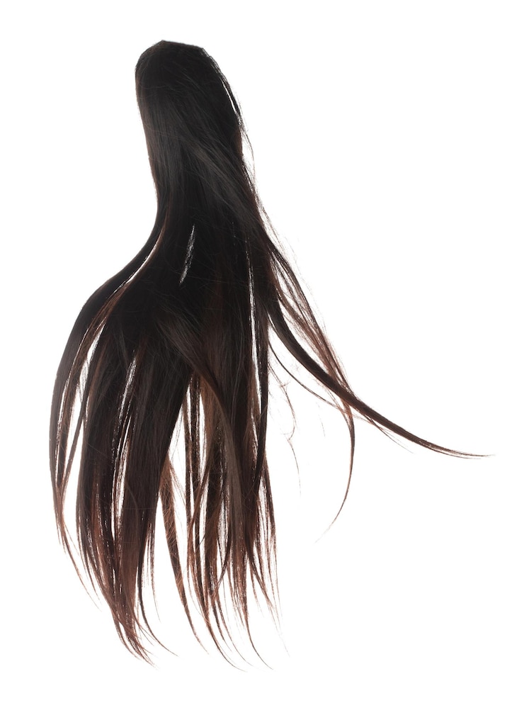 Foto lange rechte pruik haar stijl vliegen val explosie zwarte brunette vrouw pruik haar uitbreiding drijven in de lucht rechte pruak haar uitbreiding wind blazen wolk gooien witte achtergrond geïsoleerd hoge snelheid