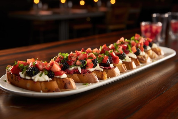 Lange rij gemengde bessenbruschetta op een houten eettafel