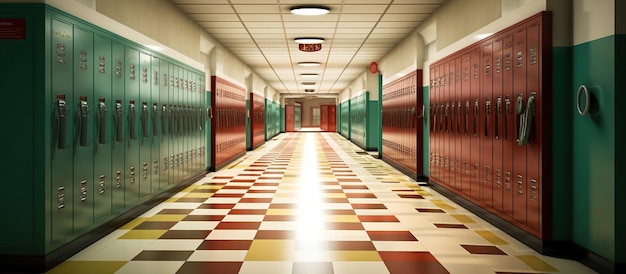 lange schoolcorridor met kast