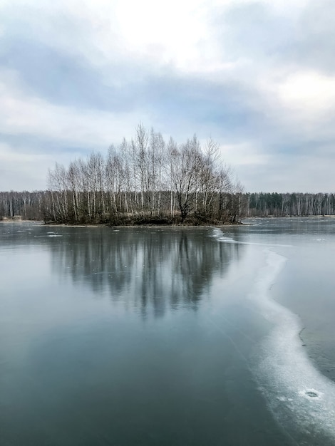 Lange spleet in het transparante blauwe ijs van bevroren meer met bladerloze bomen op klein eiland op horizon winterlandschap