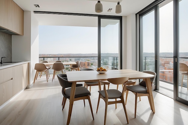 Lange tafel en comfortabele stoelen in de eetkamer bij de keuken tegen de geopende balkondeur overdag in een modern appartement