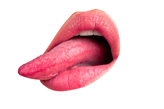 Lange tong macro tong likken lippen close-up van vrouw mond sexy tong sensuele likken
