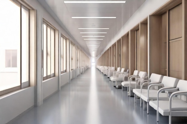 Lange witte ziekenhuiskorridor met kamers en blauwe stoelen 3D-weergave Leeg ongeluk en noodgeval