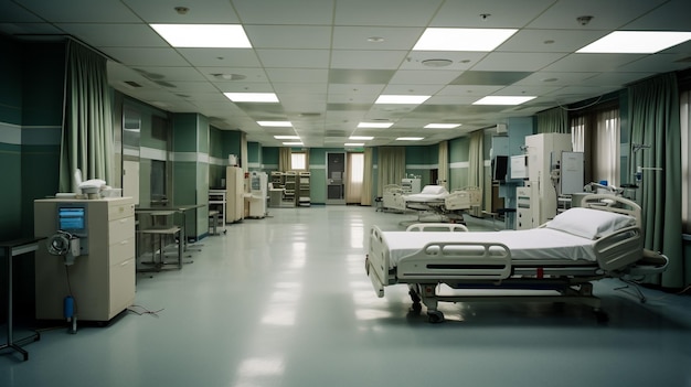 Lange ziekenhuis lichte gang met kamers en blauwe stoelen 3D-rendering