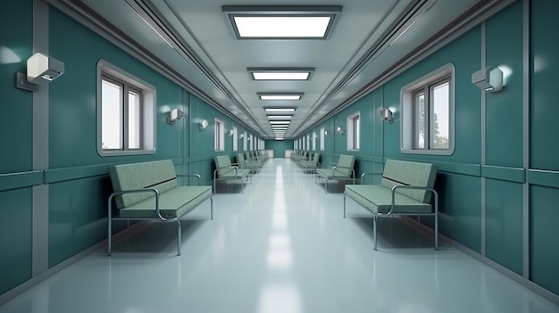 Lange ziekenhuisgang met kamers en stoelen Generatieve ai