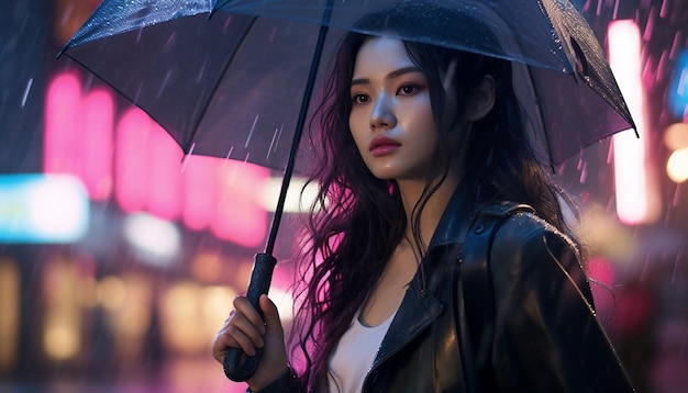 Langharige Chinese vrouw met roze paraplu op een regenachtige stoep