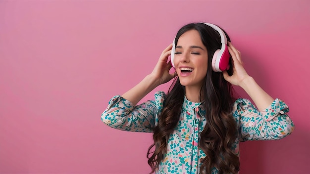 Langharige vrouw in een heldere blouse en witte en roze koptelefoon die naar muziek luistert op een geïsoleerde wandeling