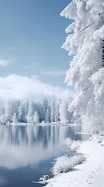 Langs de oever van een meer staan besneeuwde bomen met een zwaan op de voorgrond generatieve ai