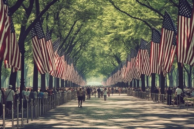 Foto langs een loopbrug staat een rij amerikaanse vlaggen opgesteld.