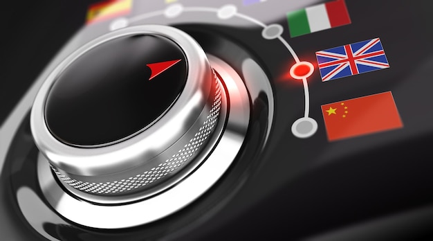 Language selector button with flags. Conceptual 3D render image with depth of field blur effect. Concept suitable for translation or online translator