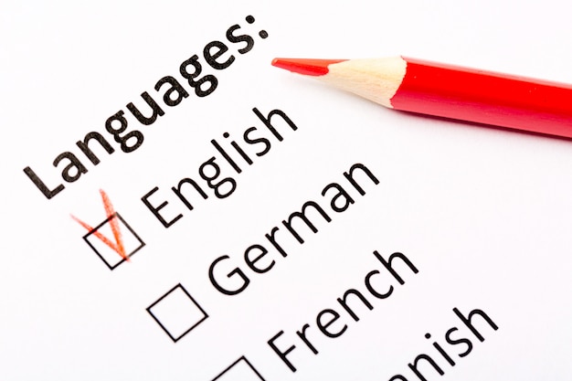 Languages with English, German, French, Spanish checkboxes with red pencil. 