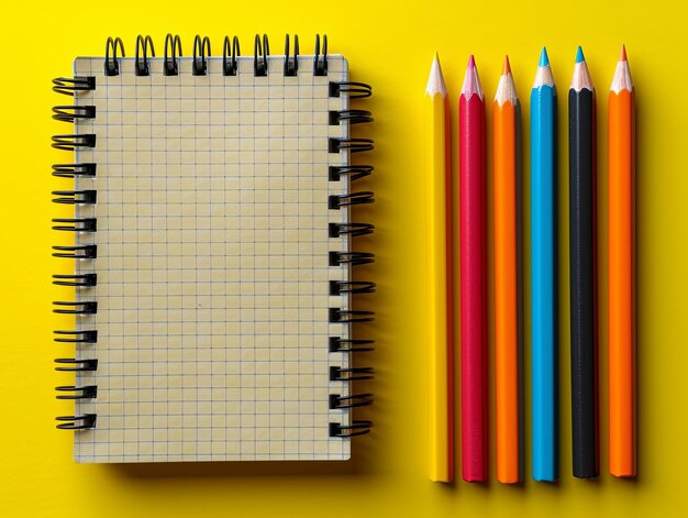 Photo lank notebook and office supplies on a yellow