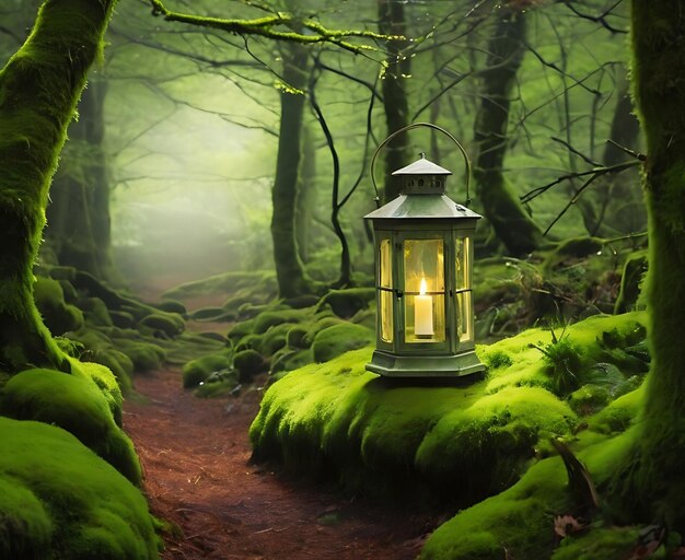 Foto lantaarn in een met mos bedekte bos