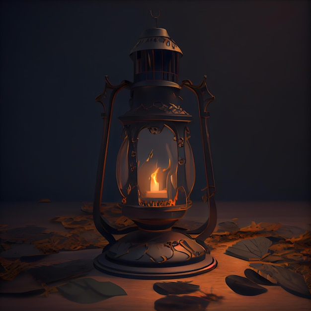 Lantaarn met een brandende kaars op een donkere achtergrond 3d illustratie