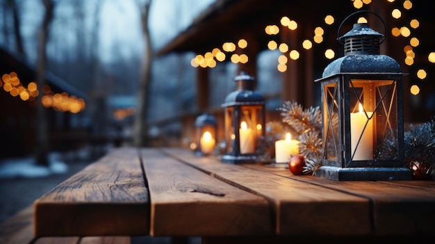 Lantaarn met kaars op houten tafel met een feestelijke kerst