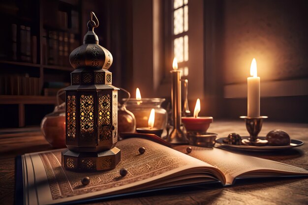 Lantaarnboeken kandelaars en kaarsen op een houten tafel Generatieve AI in Arabische stijl