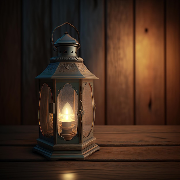 lantaarnlicht op houten tafel voor ramadan islamitisch feest
