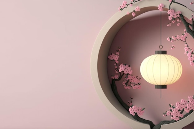 lantern 3d realistic with cherry blosom chinesee background