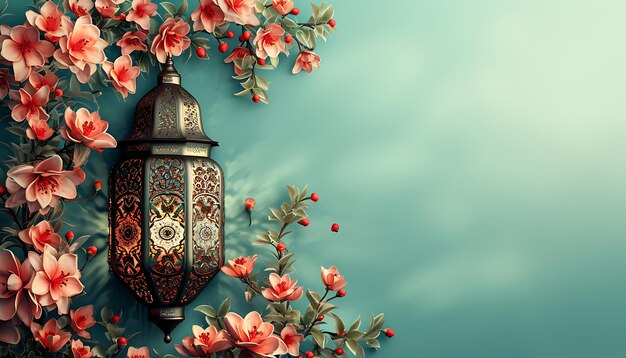 Lantern on the background of a flower tree Ramadan Kareem