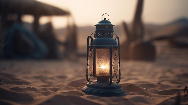 A lantern on the beach in the desert