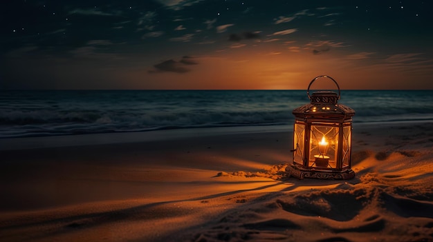 A lantern on the beach at night with the moon in the background