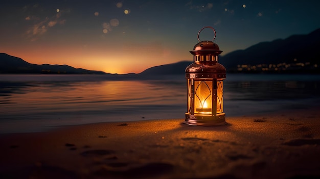 A lantern on the beach at night with mountains in the background