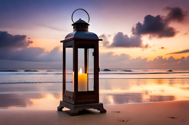 A lantern on the beach at sunset