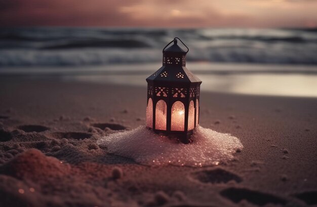 A lantern on the beach at sunset