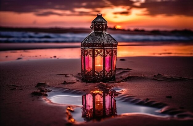 A lantern on the beach at sunset