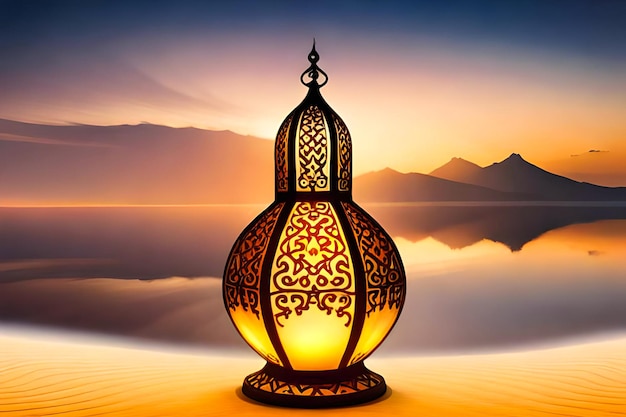 A lantern on the beach with mountains in the background