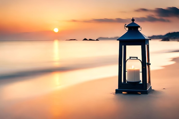 A lantern on a beach with the sun setting behind it