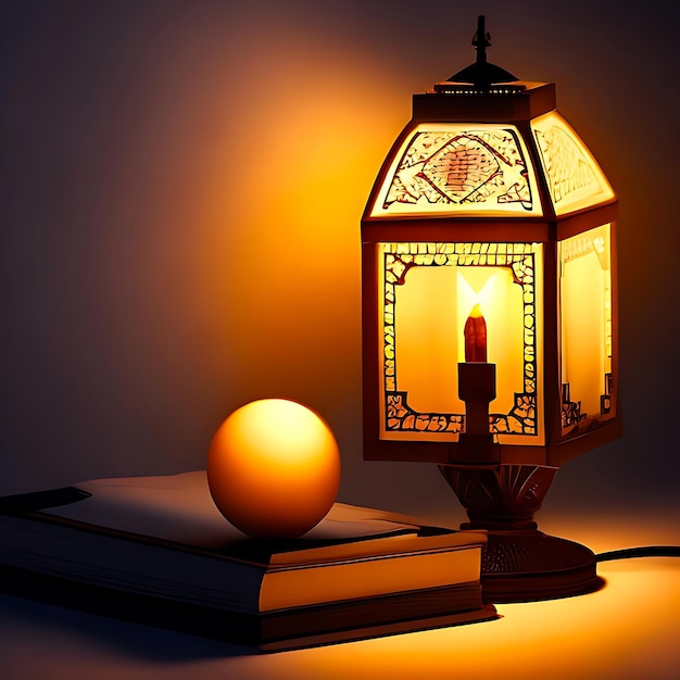 A lantern and book sit on a table background