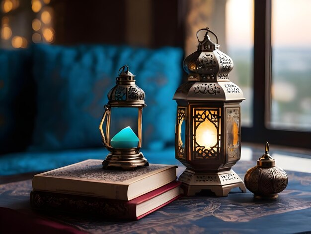 A lantern and a book sit on a table with the word ramadan on it