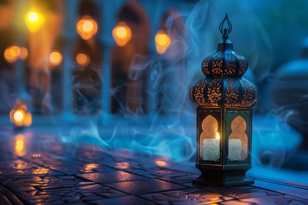 A lantern casts a warm glow on a serene Ramadan evening its light dancing with the dusks blue hues