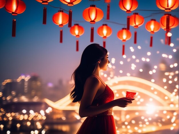 lantern in the city chinese new year photocall template with woman