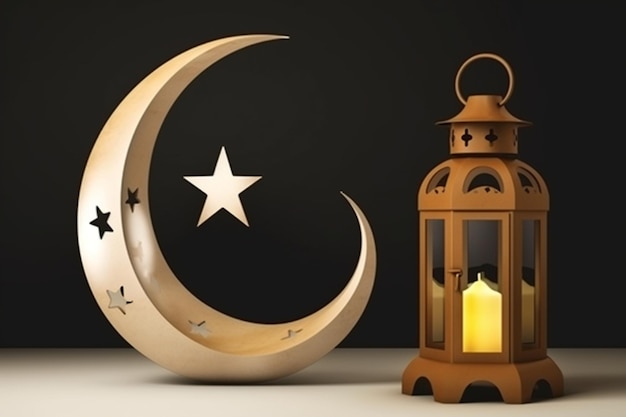 A lantern and a crescent moon are on a table