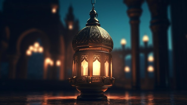 A lantern in the dark with the lights on