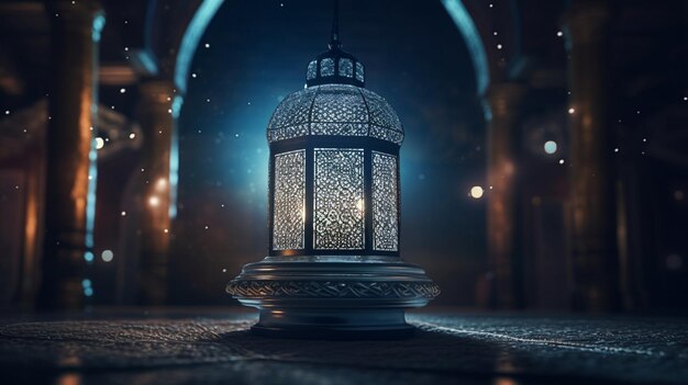 A lantern in the dark with the lights on