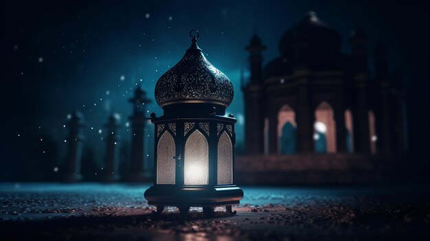 A lantern in the dark with the lights on