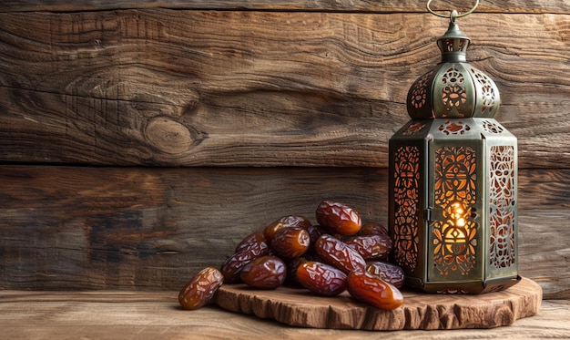 Lantern and Dates fruit for Ramadan and Eid greeting copy space