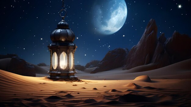 Photo lantern in the desert at night ramadan night