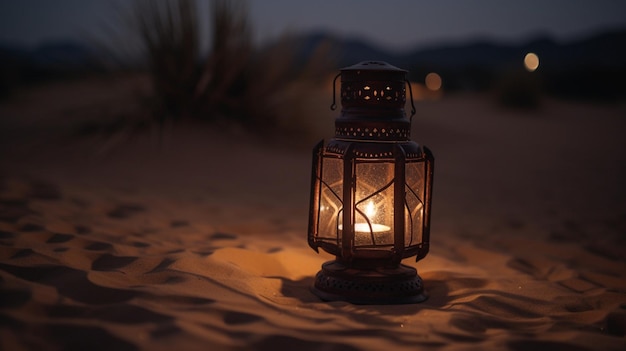 A lantern in the desert at night