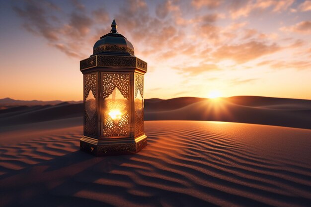 A lantern in the desert at sunset