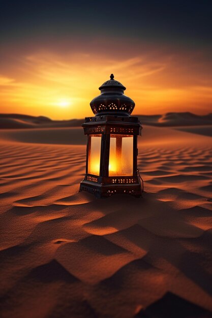 A lantern in the desert at sunset