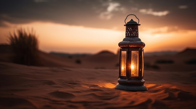 A lantern in the desert at sunset